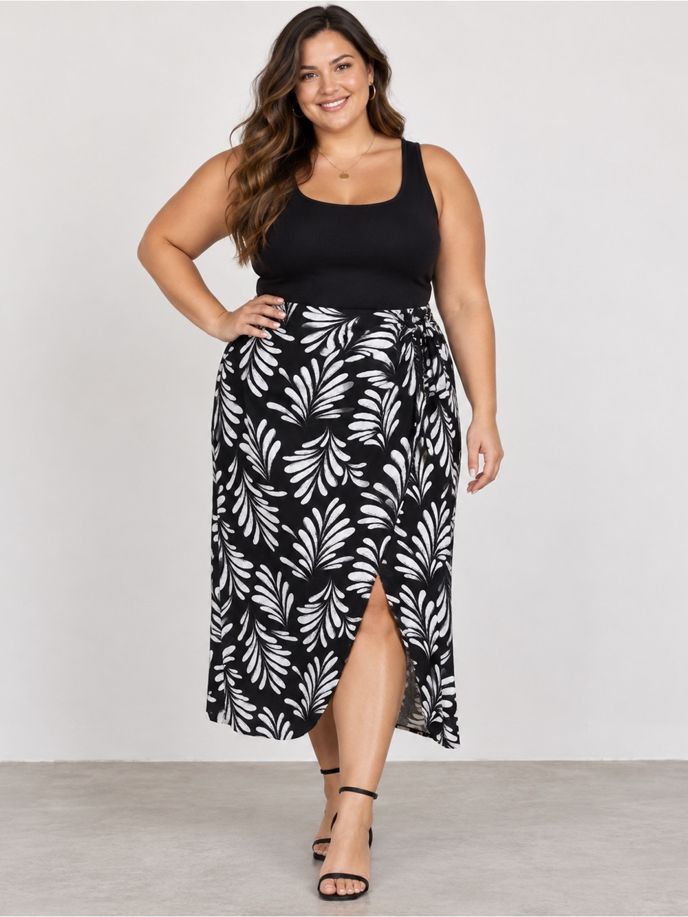Ellen Tracy Black White Botanical Leaf Print Wrap Skirt XL